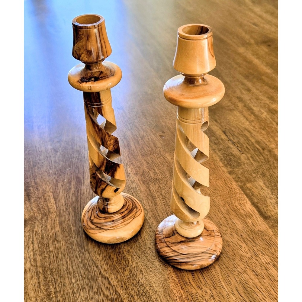 Holy Land Handicraft Olive Wood Sprial Design Taper Candlestick Holders (NWOT)